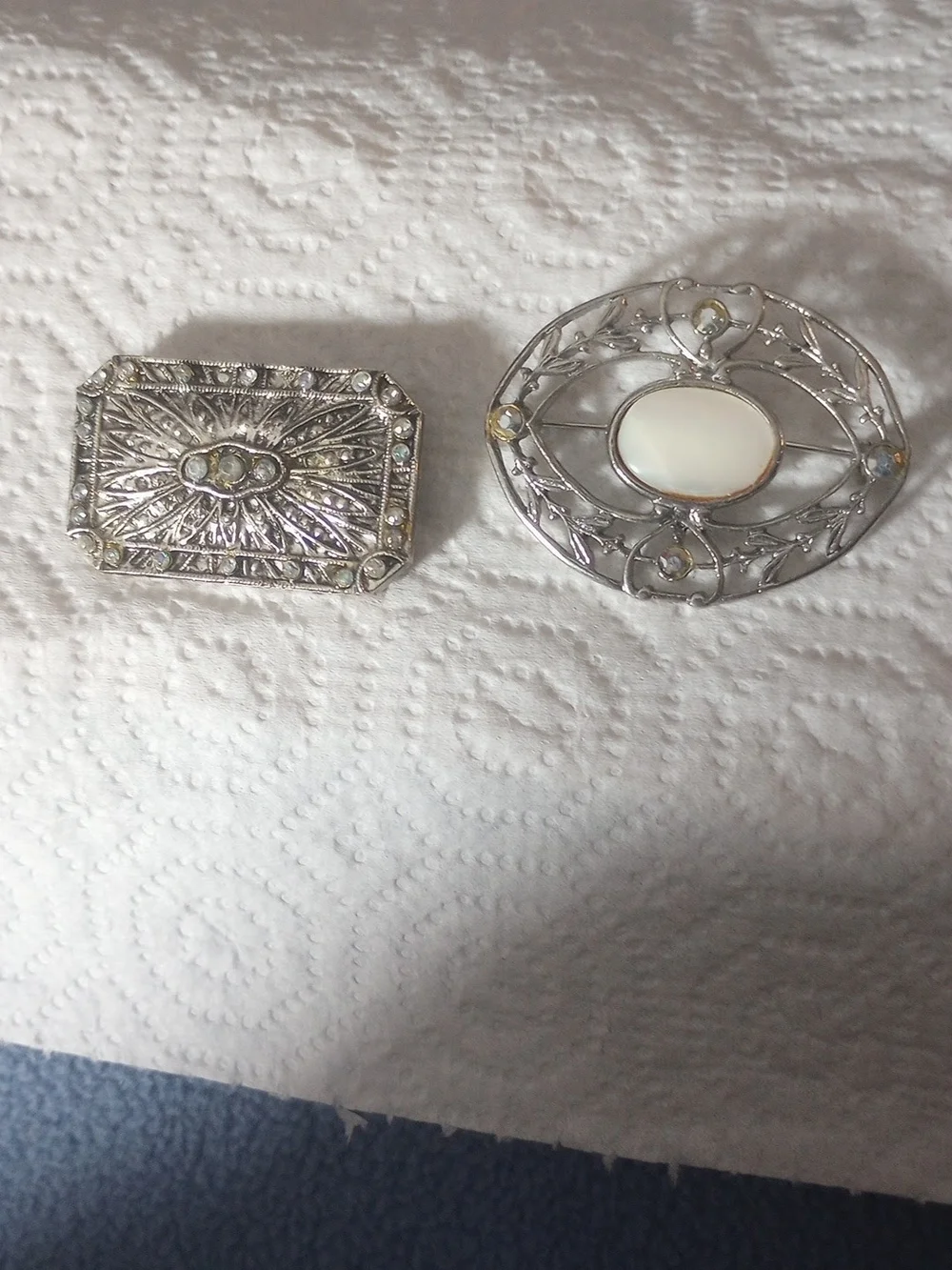 Antique, Victorian,Silver Filigree Brooches with Mother of Pearl,Crystal Accent